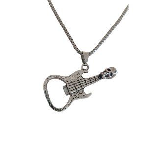 Silver Guitar with Skull Necklace Punk Skater Musician